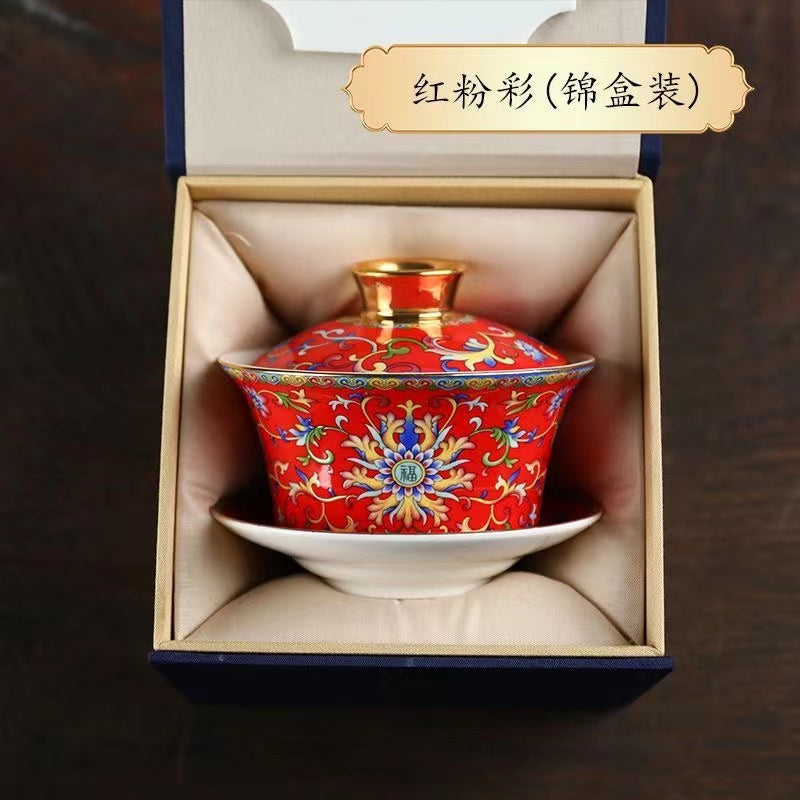 Kungfu tea set household ceramic tea bowl cloisonné Jingmei Dezhen enamel color gold edge enamel color three-cai bowl