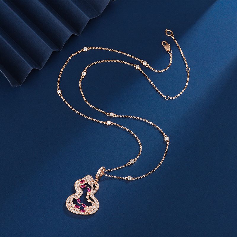 V gold Chinese trend hollow pattern colored diamond smart Ruyi gourd necklace female flower vine gourd large pendant 18k