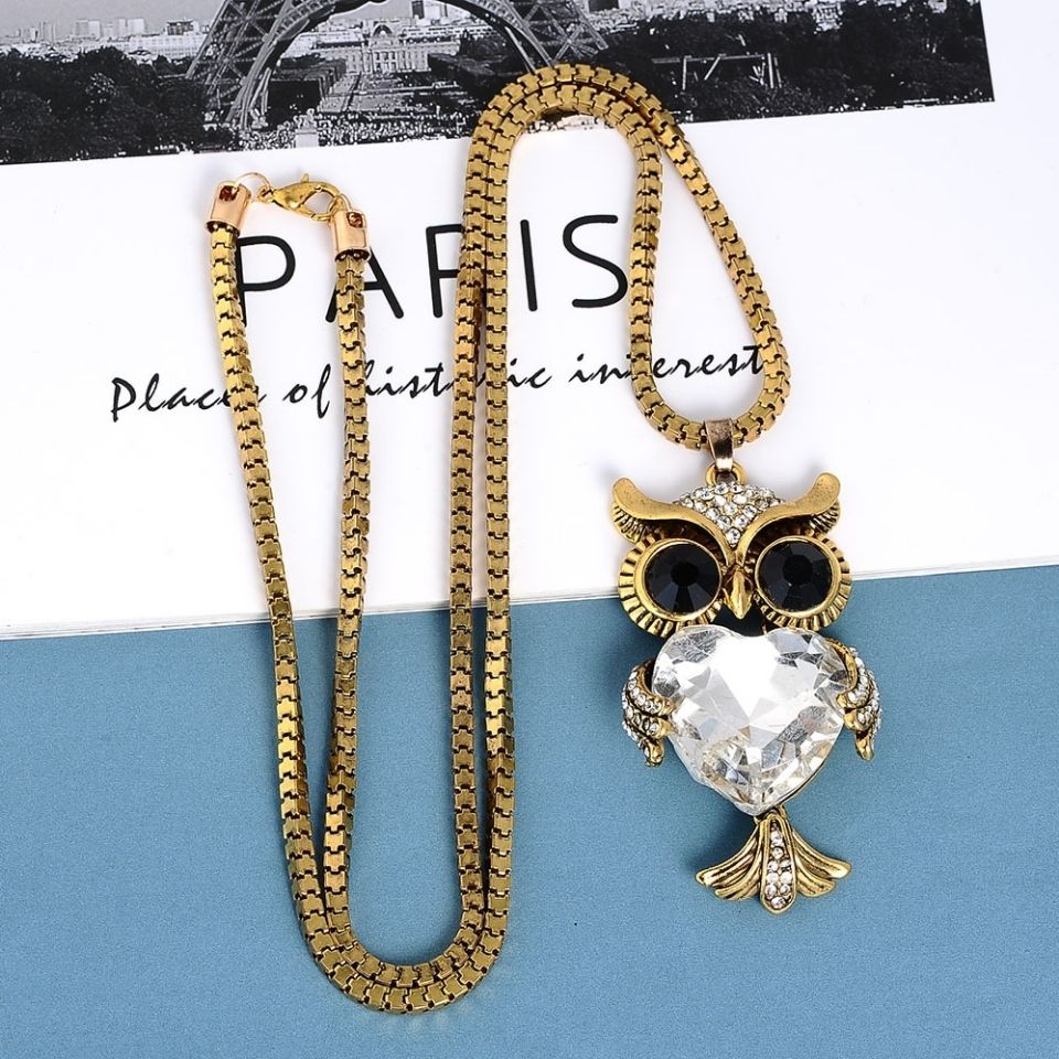 2021 new crystal pearl round love owl key sweater chain long autumn and winter clothing Korean necklace