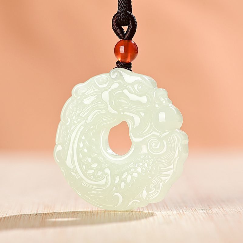 National style white jade auspicious dragon safety buckle jade pendant, personalized Chinese style retro dragon-shaped engraving jade pendant for men and women