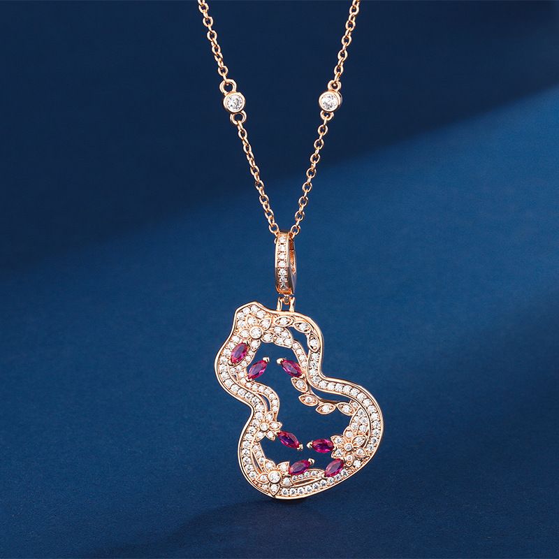 V gold Chinese trend hollow pattern colored diamond smart Ruyi gourd necklace female flower vine gourd large pendant 18k