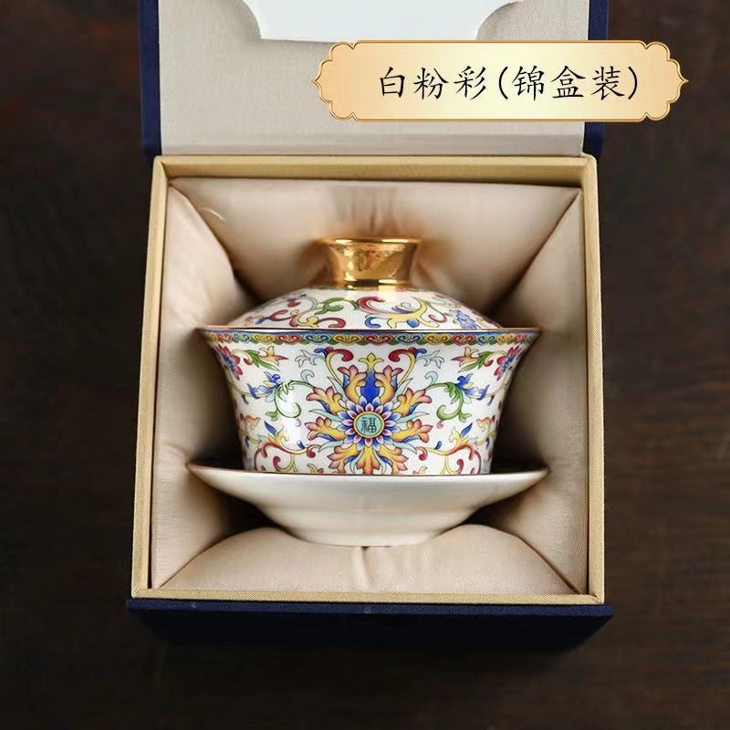 Kungfu tea set household ceramic tea bowl cloisonné Jingmei Dezhen enamel color gold edge enamel color three-cai bowl
