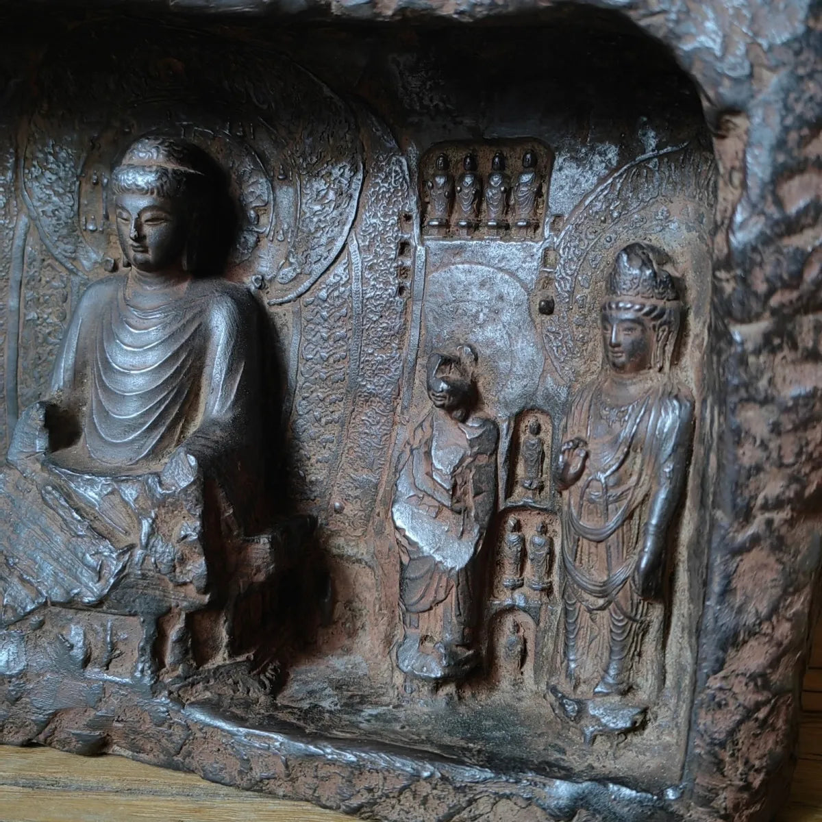 Chinese synthetic stone ancient style crafts Longmen Grottoes Buddhist niche Zen ornaments size 27×16×6 weighing about 5 pounds