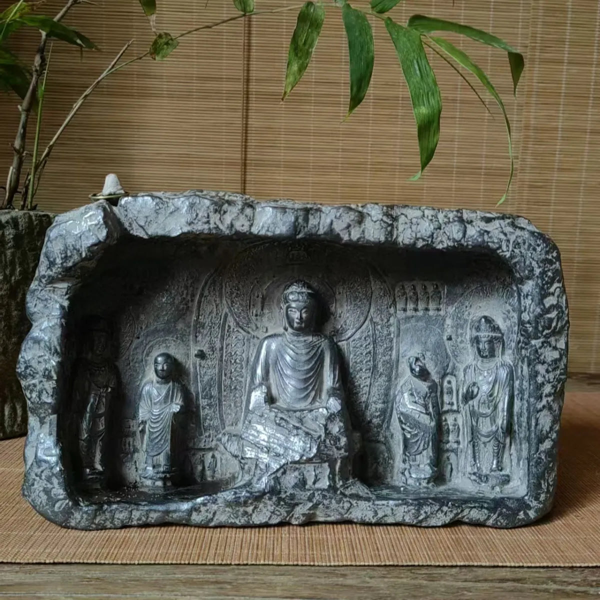 Chinese synthetic stone ancient style crafts Longmen Grottoes Buddhist niche Zen ornaments size 27×16×6 weighing about 5 pounds