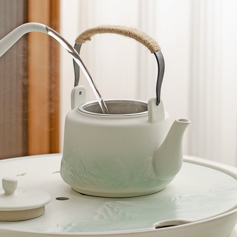 Small fresh lifting beam ceramic household modern home style simple rough pottery landscape tea set teapot single pot Chinese style