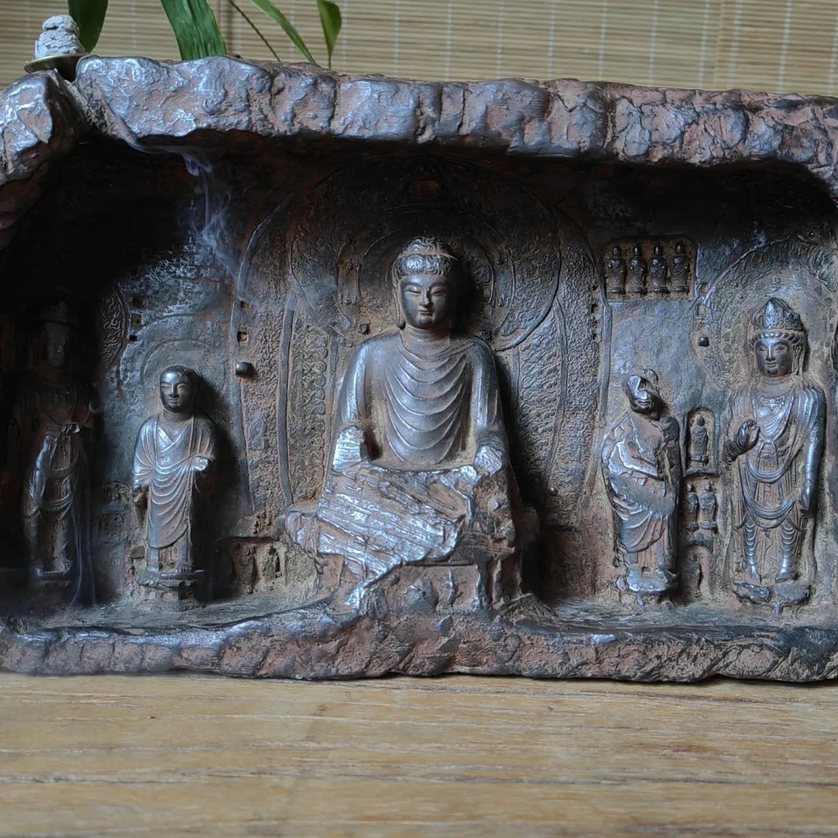 Chinese synthetic stone ancient style crafts Longmen Grottoes Buddhist niche Zen ornaments size 27×16×6 weighing about 5 pounds