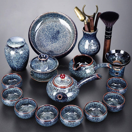 Chinese Blue Furnace Transmutation Tea Set