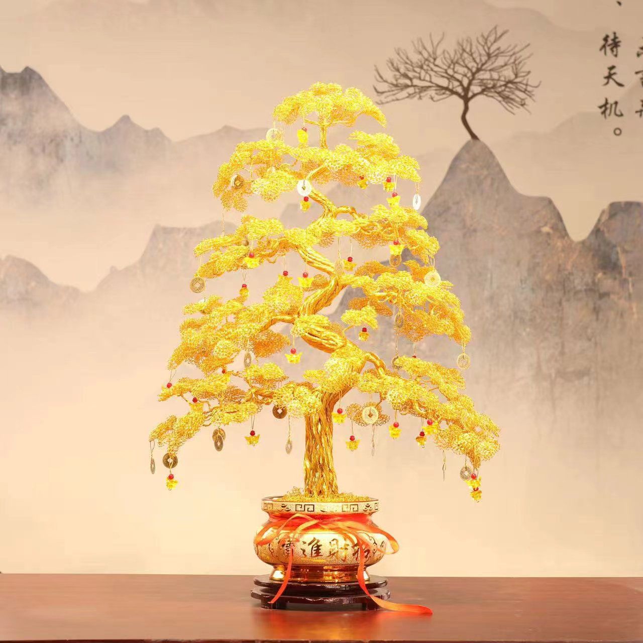 Cash tree hand-woven aluminum wire fortune tree ornament handicrafts TV cabinet decoration store opening lucky tree