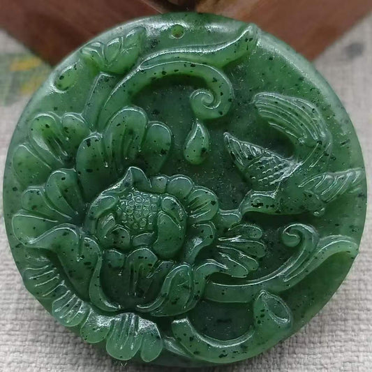 Natural jade Hetian nephrite flower pendant, round plaque with auspicious plum blossom design, apple green jade pendant.