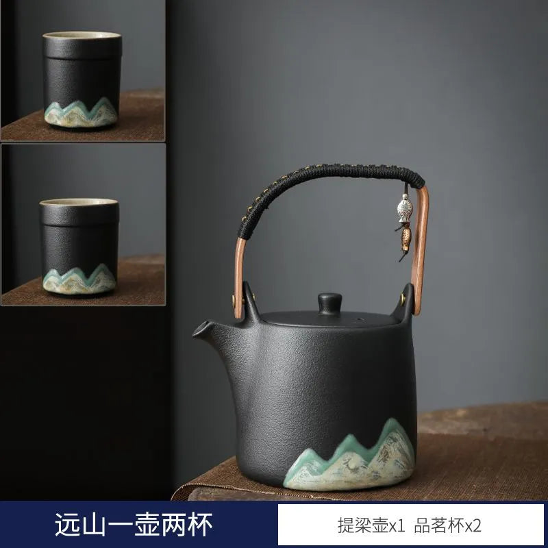 High-end hand-painted remote mountain lifting kettle large capacity household outdoor teapot set tea brewing with filter Kung Fu tea set bag