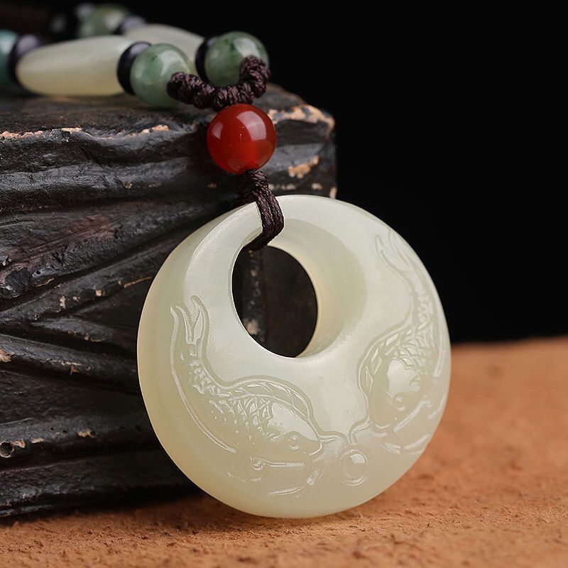 Natural white jade has fish pendants every year, sweater chains, real jade pendant, jade pendant, men's and women's necklaces, couples