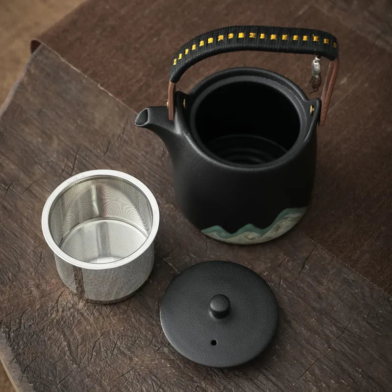 High-end hand-painted remote mountain lifting kettle large capacity household outdoor teapot set tea brewing with filter Kung Fu tea set bag