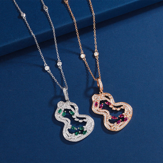 V gold Chinese trend hollow pattern colored diamond smart Ruyi gourd necklace female flower vine gourd large pendant 18k