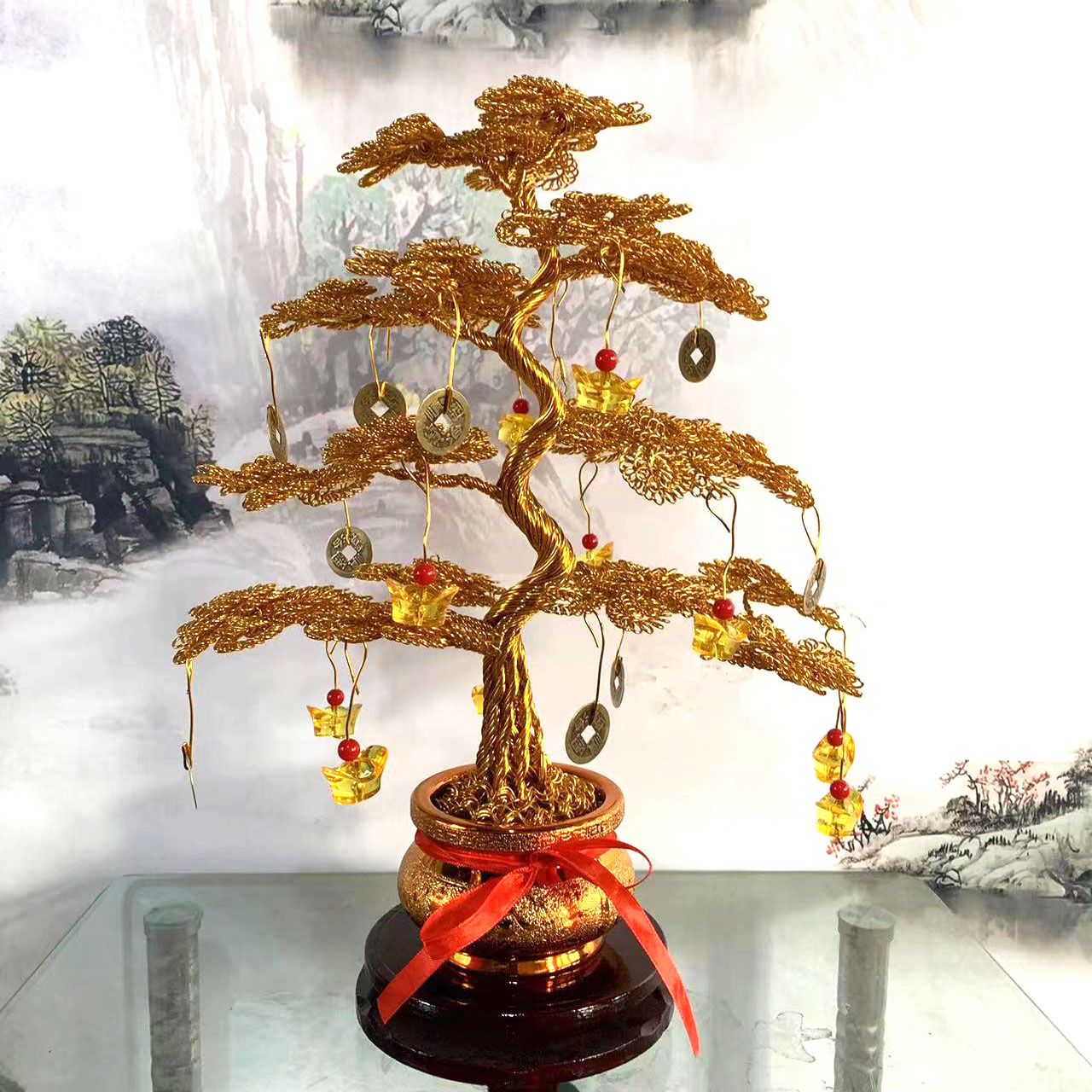 Cash tree hand-woven aluminum wire fortune tree ornament handicrafts TV cabinet decoration store opening lucky tree