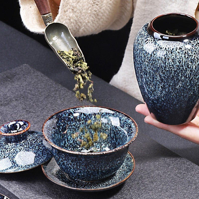 Chinese Blue Furnace Transmutation Tea Set
